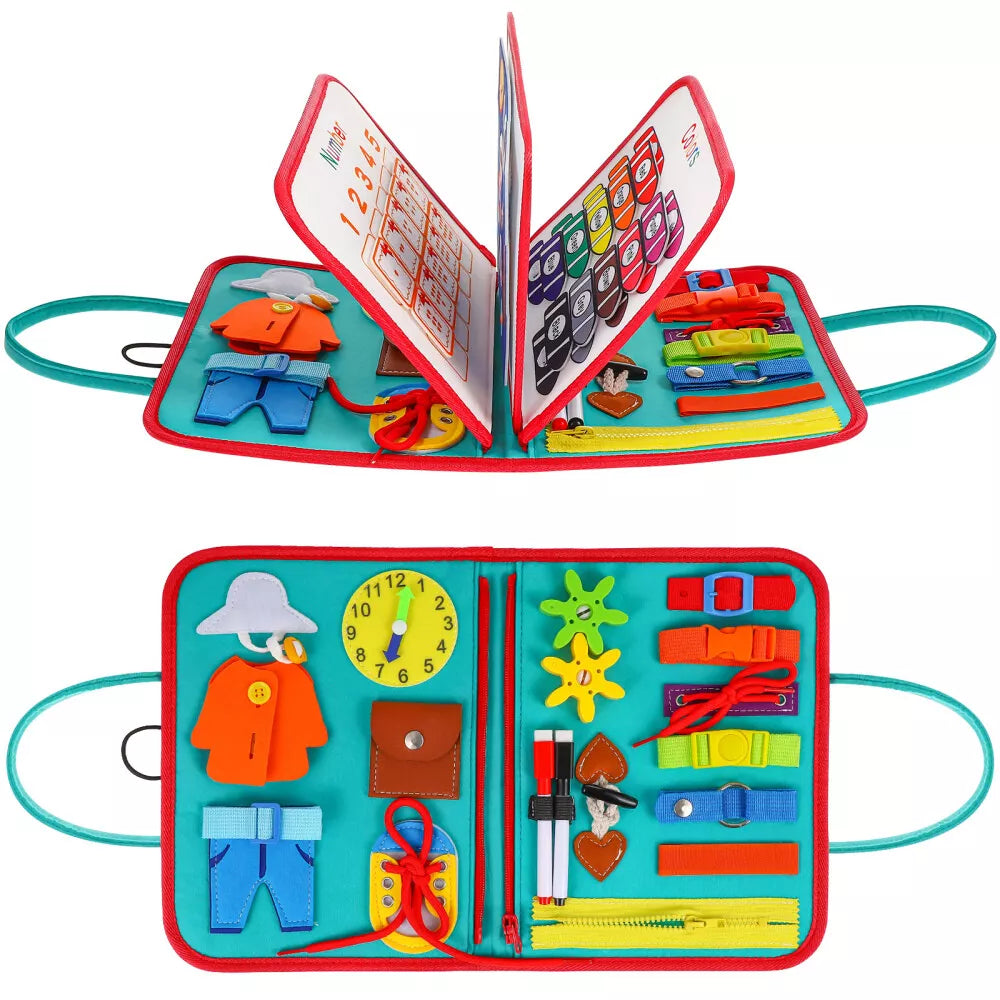 Toddler Busy Book, Quiet Activity Book with Buckles, Zippers, Laces, Counting Board and Reusable Drawing Board for Preschool Kids