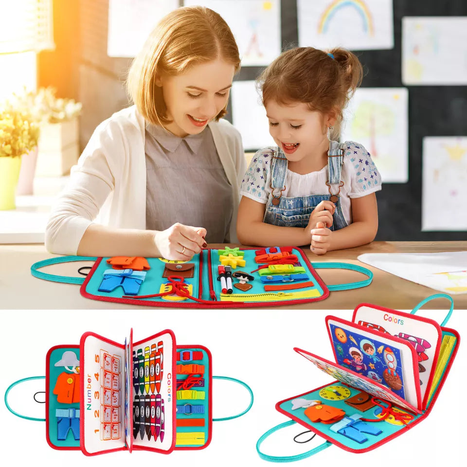 Toddler Busy Book, Quiet Activity Book with Buckles, Zippers, Laces, Counting Board and Reusable Drawing Board for Preschool Kids