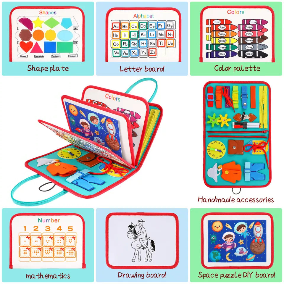 Toddler Busy Book, Quiet Activity Book with Buckles, Zippers, Laces, Counting Board and Reusable Drawing Board for Preschool Kids