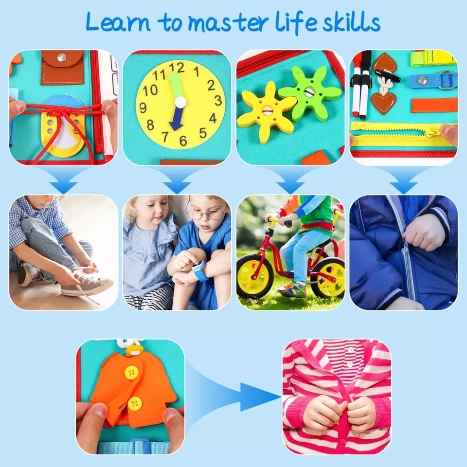Toddler Busy Book, Quiet Activity Book with Buckles, Zippers, Laces, Counting Board and Reusable Drawing Board for Preschool Kids