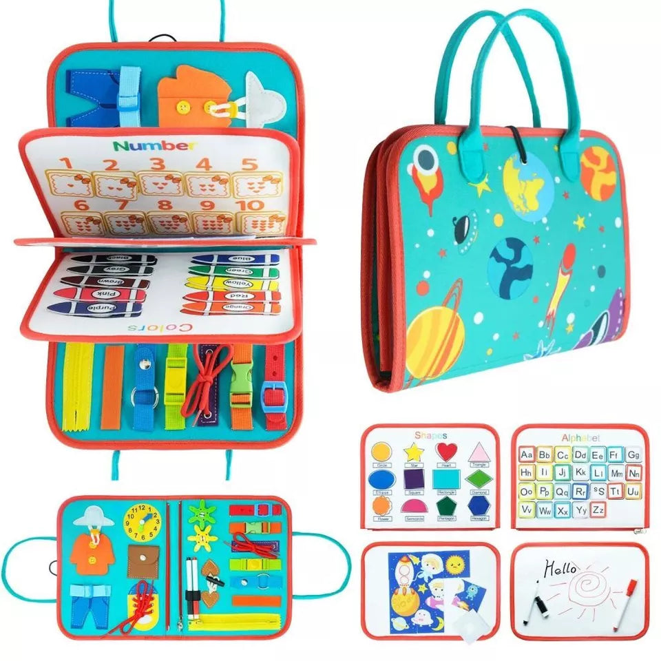 Toddler Busy Book, Quiet Activity Book with Buckles, Zippers, Laces, Counting Board and Reusable Drawing Board for Preschool Kids