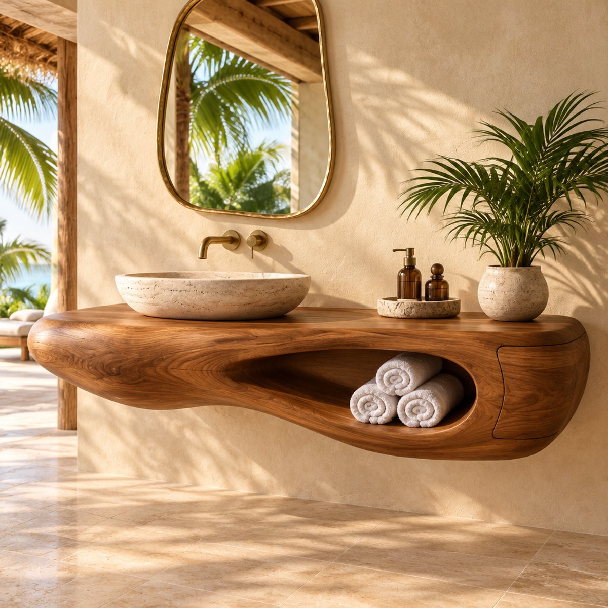 Sculpted solid teak floating vanity in a tropical resort bathroom